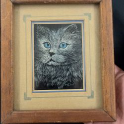 Vintage Miniature Framed Cat original painting signed by artist