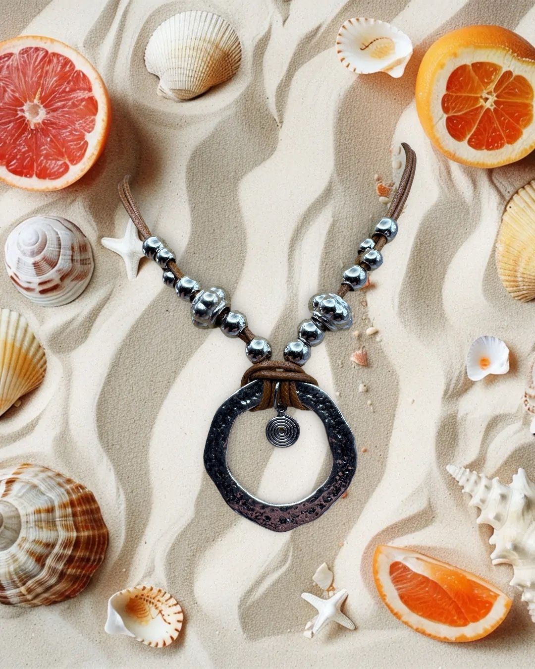 Bohemian Ring Pendant Chocker Necklace 11” Drop 2 “ Ext. Waxed Rope Lobster Hook