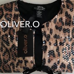 (NEW) (1 AVAILABLE) WOMEN’S OLIVER.O LEOPARD PRINT SEQUIN TIE FRONT SMOCK BLOUSE - SIZE: LARGE