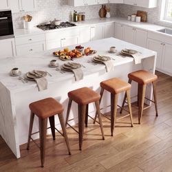 26 inch Metal Bar Stools Set of 4, Faux Leather Counter Height Barstools, Modern Farmhouse Bar Chairs for Kitchen Island Dining Room, Walnut