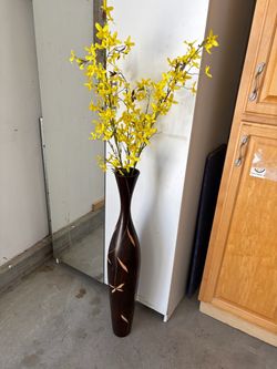 Tall Dark Wood Floor Vase with Floral Inlay