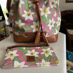 Dooney & Burke Pebble Leather Drawstring Purse And Matching Wristlet. 