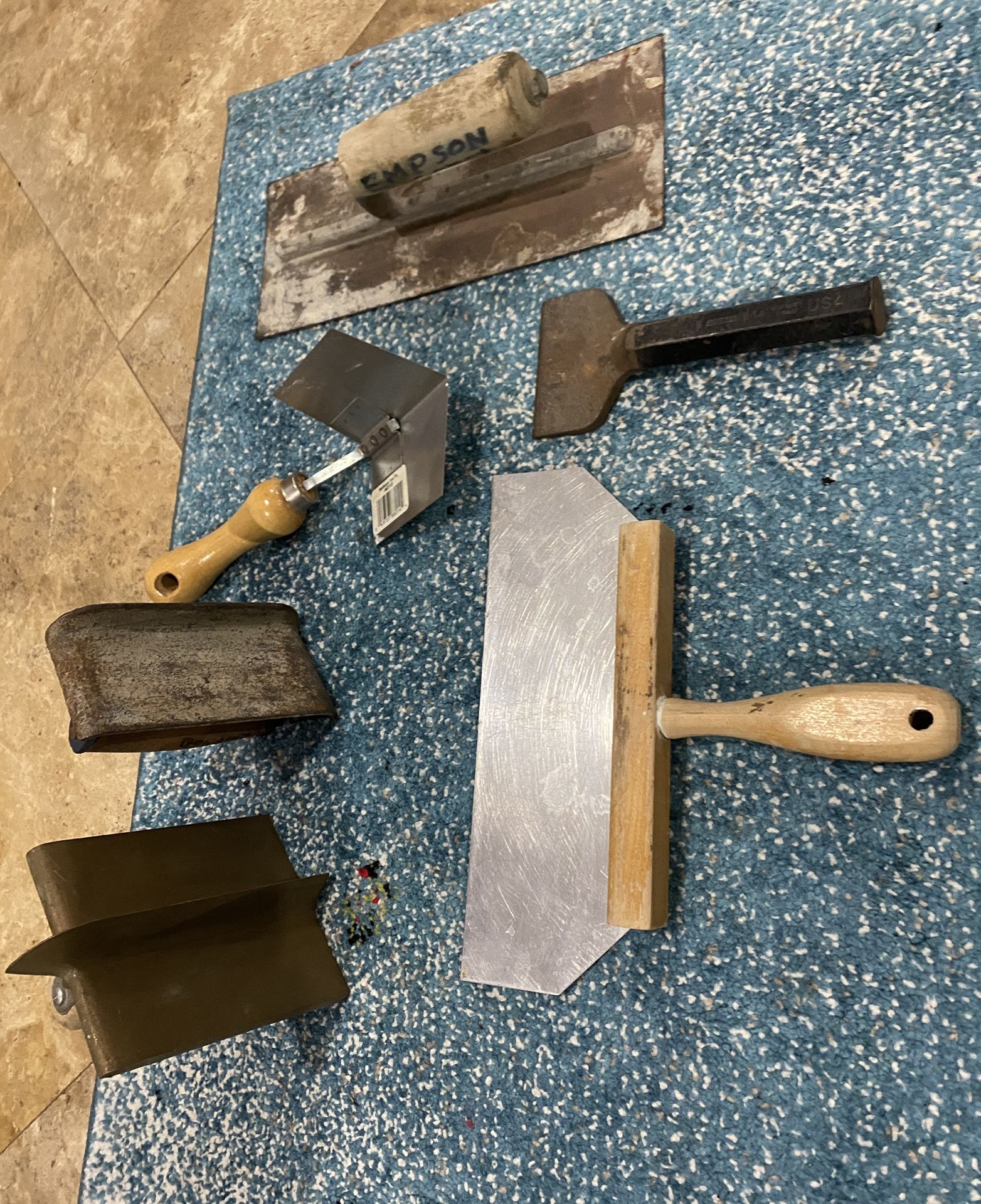 Dry Wall Tools - Vintage Mud Hawk, Enders B14 Masonry, Trowel, Skimming Tools, And Dry Wall Knives