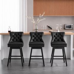 Set of 3, black leather swivel bar stools 30in bar height chairs