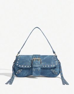 Blue Denim Studded Shoulder Bag