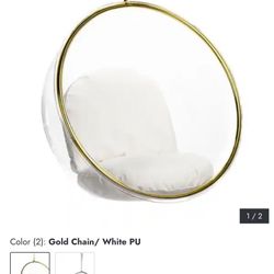 Hanging Clear Modern Acrylic Bubble Chair - Gold Chain/ White PU