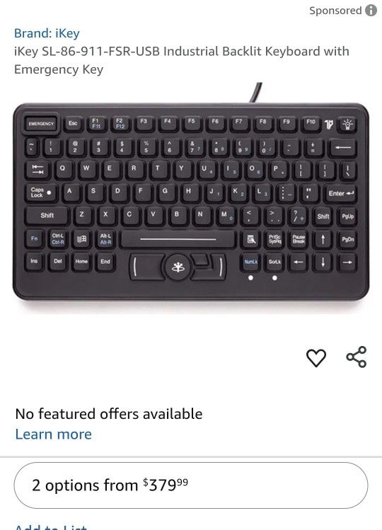 iKey SL-86-911-FSR-USB Industrial Backlit Keyboard with Emergency Key