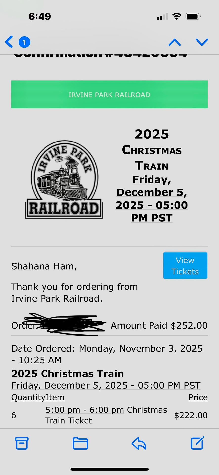 Irvine Railroad Christmas Train tickets 