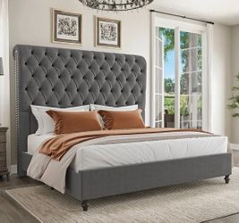Brand new gray king bed ( mattress sold separately)