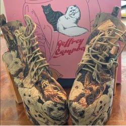 RARE Jeffrey Campbell Tapestry Dog Print Lace Up Platform Boots