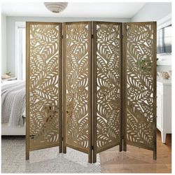 Fionafurn 4 Panel Room Divider,Carved Lacquer Privacy Screens, 67in(H) Brown Water Paint