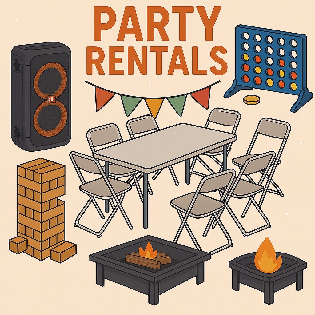 Party Setup Rentals – Tables, Chairs, Speaker, Games & Fire Pit