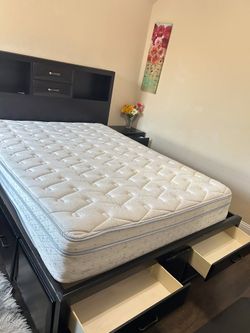 Ashleys Queen storage bed set — dresser, mirror, nightstand + mattress