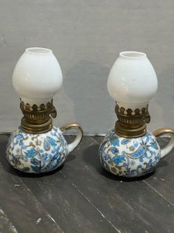 Vintage Pair Lefton hand-painted ceramic finger oil lamp with a milk gla
