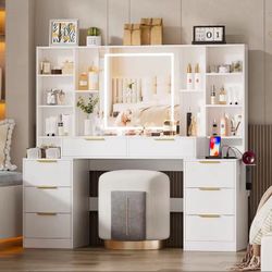 ✨ Luxury LED Makeup Vanity Desk with Stool – 59” Wide | USB + Outlets | 7 Drawers