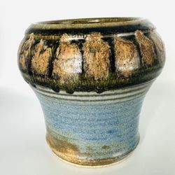 Studio Pottery Planter Vase Blue Drip Glaze Signed Handmade 5”