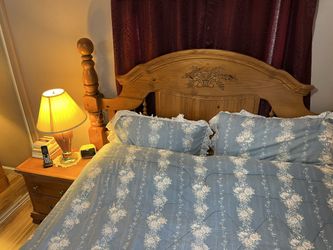 wood headboard and nightstands