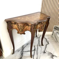 1930’s Antique French Serpentine inlaid Console Table with bronze Ormolu 