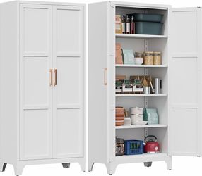 2583a $110 71"H Metal Pantry Cabinet with 2 Doors and 4 Adjustable Shelves,Food Storage Cabinet with Gold Handle for Kitchen,Dinning Room,Home Office