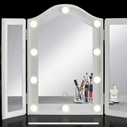 LUXFURNI Vanity Lighted Tri-fold Makeup Mirror with 10 Dimmable LED Bulbs, Touch