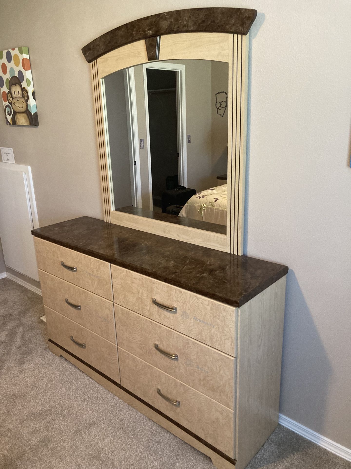 Dresser and mirror, nightstand and lamp