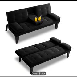 Black  Futon Sofa Bed with Cup Holders