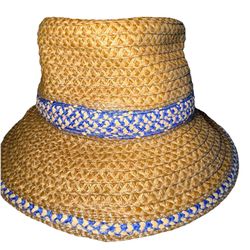 Eric Javits Woven Raffia Straw Hat UPF 50+ Packable Squishee Bucket Beige Blue