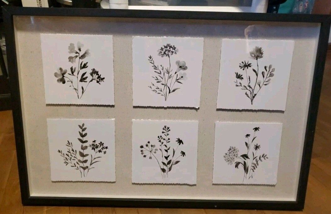 Black And White Contempary Watercolor Floral Collage Framed Art Nature 30x20 in