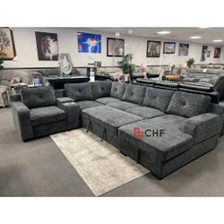 Chenille Fabric Convertible Sectional
Pull-Out Bed Sofa W/Console + Cup Holder + USB Port +Chaise Storage