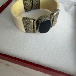 20th Century antique Carved Bone & black Hinge Bangle Approx 3” vintage