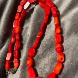 Beautiful Red Coral Cabochons   Necklace , Sterling Silver Japanese Clasp