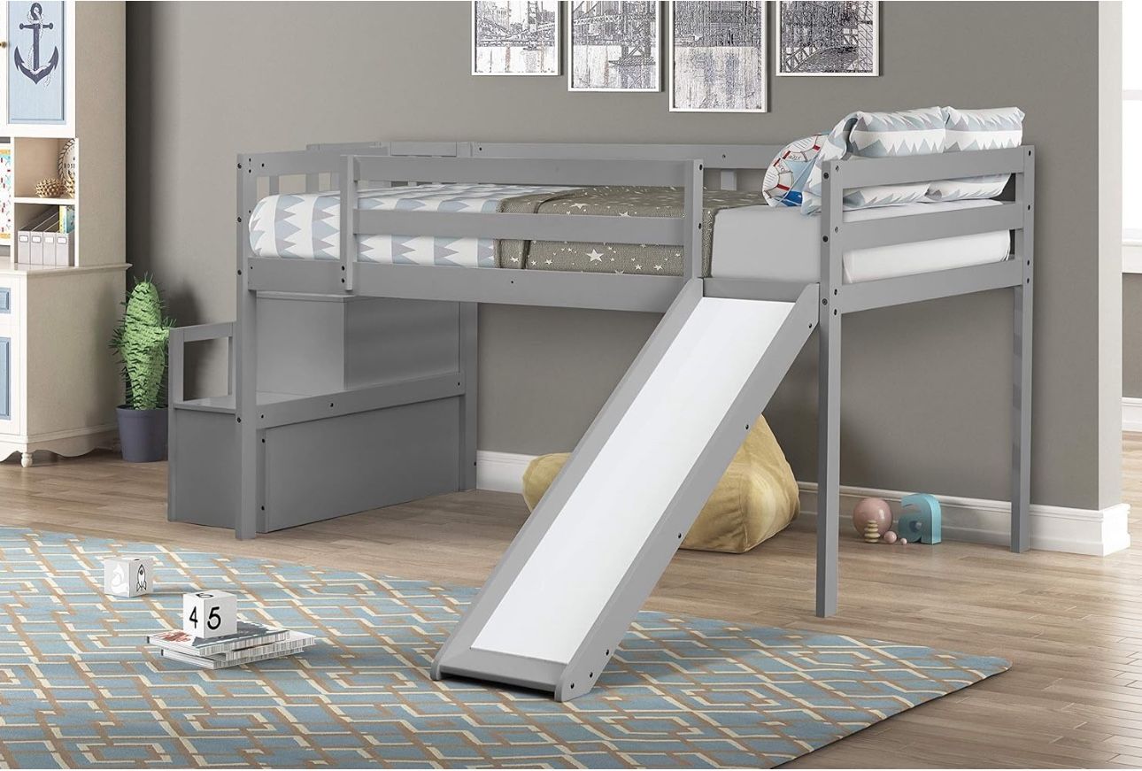 Twin Size Solid Wood Loft Bed with Stair Case Storage Shelf for Kids (Gray)
