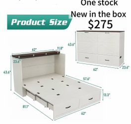 😀 Queen Murphy Bed with Charging Station Large Storage Drawer Farmhouse Wood Space Saving Hidden Foldable Cabinet Bed for Bedroom Office School, Rust