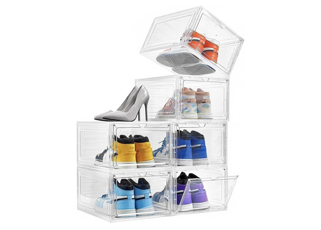 Attelite Shoe Box Organizer,Set of 6,Stackable Plastic Shoe Box with Clear Door, Shoe Storage Box Containers,For Display Sneakers,Easy Assembly,Fit up