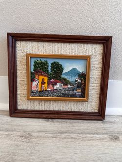 Vintage Guatemalan Oil Painting Antigua Street Volcan de Agua Signed VC