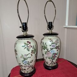Beautiful Pair of Ceramic and Wood Lamps w Floral Asian Theme