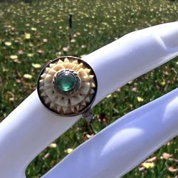 Vintage Sterling Silver Carved Bone Statement Ring Green Glass Cabochon
