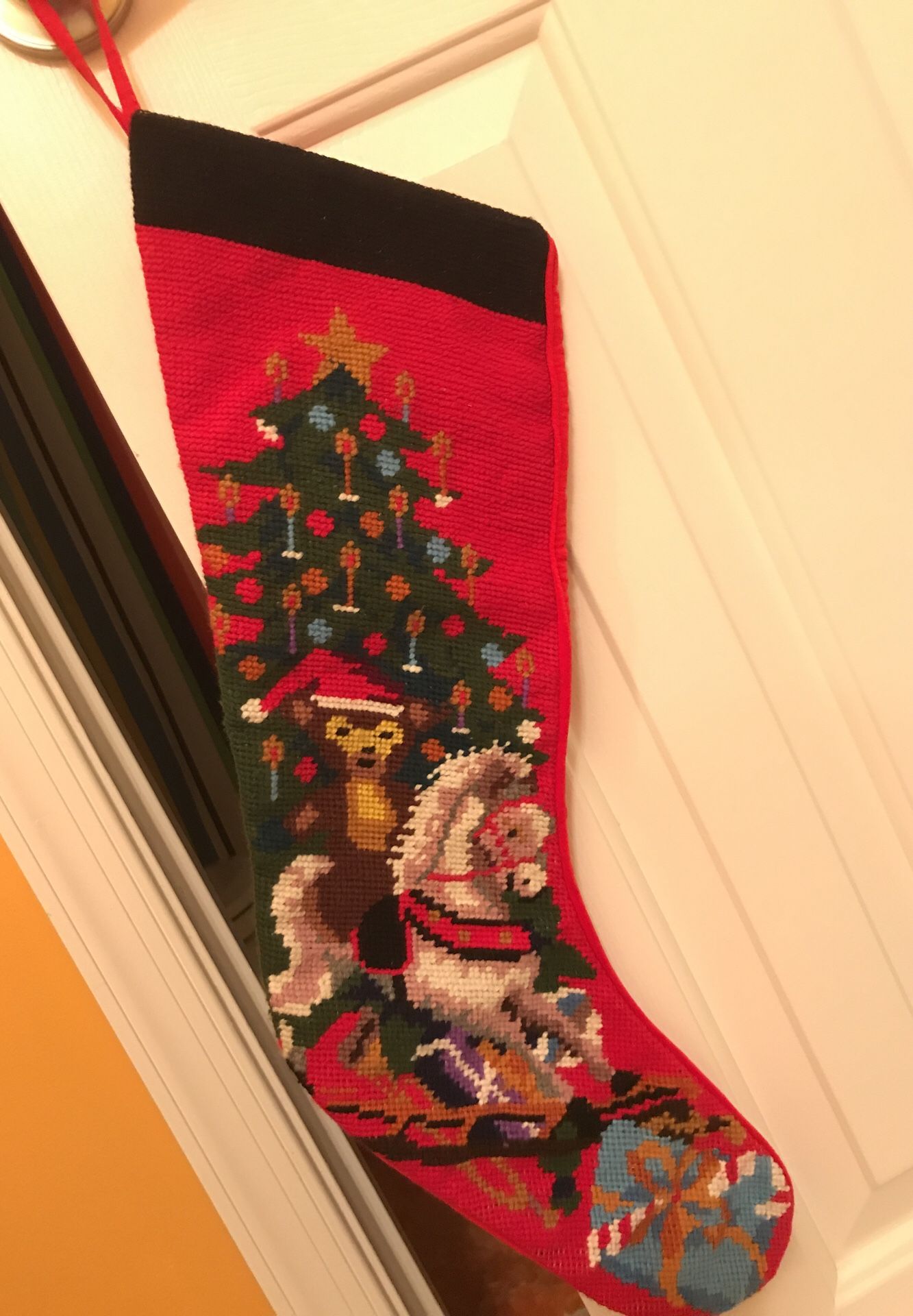 Very Nice Needle Point Christmas Stocking with Rocking Horse.