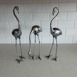 Set of Three Chrome Flamingos