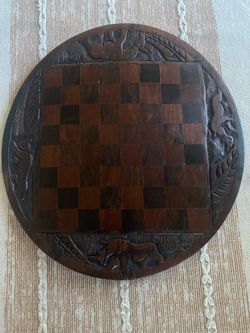 Hand-carved Safari Animals Round Chess Checkers Board 13” (2 sided)