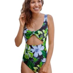Aerie Women Medium Green Tropical Knot front one piece swimsuit bathing swim