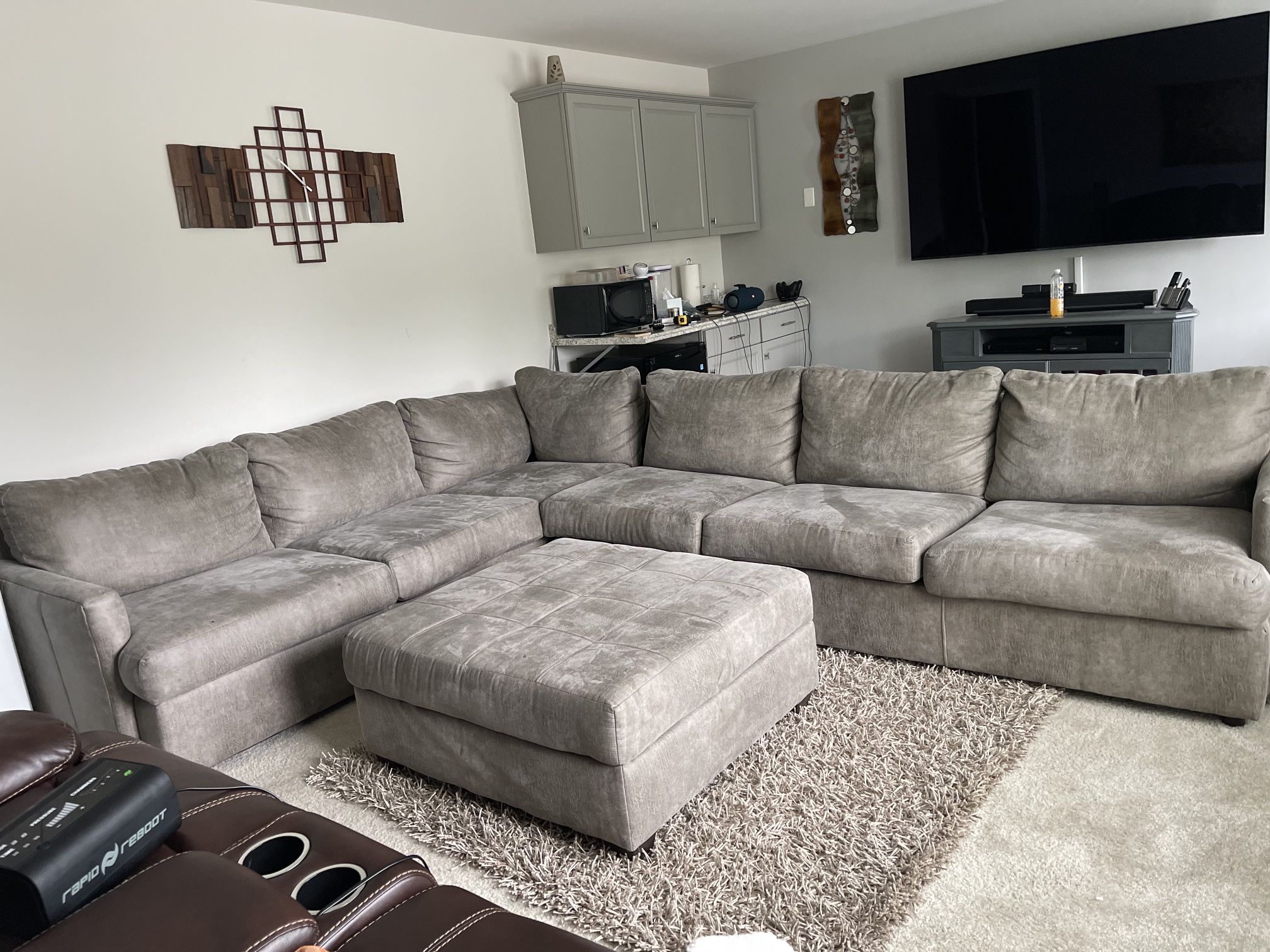 L-Shape Couch: the pink Yside: 7ft 10in long; 2ft 11 inches (includes the ottoman) Blue side: 8ft 4in long; 2ft 10in wide