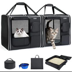 Lekereise 2-in-1 Cat Carrier for 2 Cats Black with Litter Box New