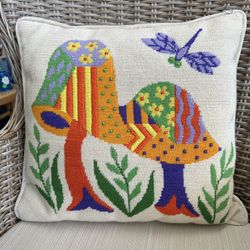 Vintage mid-century mushrooms dragonfly  needlepoint pillow