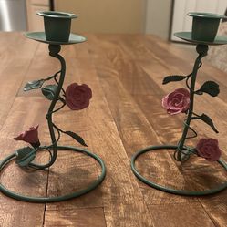 Vintage MCM Metal Floral Rose Candle Holders