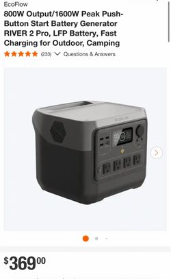 ecoFlow 800W Output/1600W Peak Push-Button Start Battery Generator RIVER 2 Pro, LFP Battery, Fast Charging for Outdoor, Camping