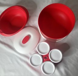 Tupperware Essentials Condiment Server Caddy 4 piece + Rice &  Soup Server Red