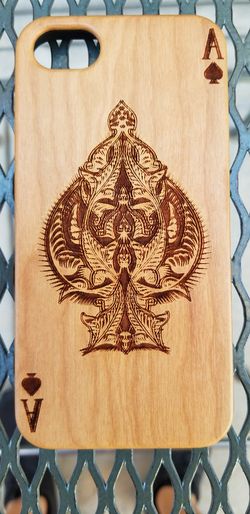 Ace of Spade design laser engraved wood case for iPhone and Samsung Galaxy