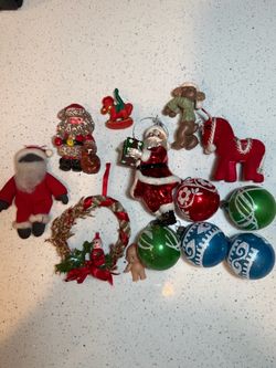 Christmas Ornament Lot – 13 Pieces – Glass Balls, Santas & Flocked Horses