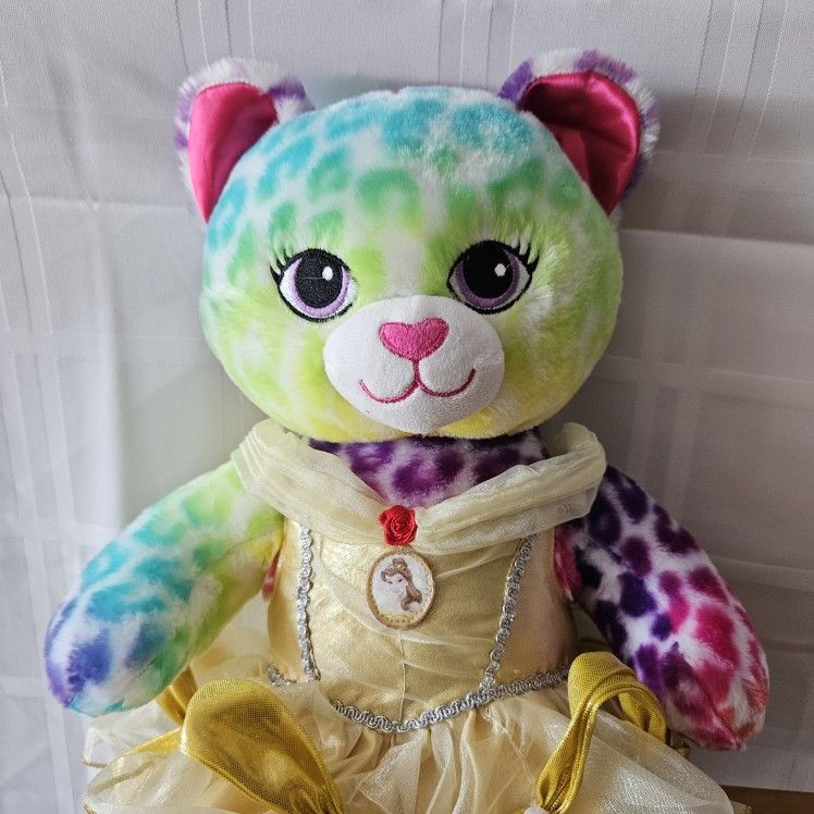 Build A Bear Disney yellow gold dress. Lisa Frank leopard cat rainbow pink neon. 18" tall